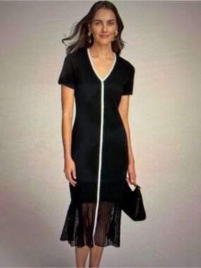 Donna Karan Black Midi Dress with White Contrast Trim